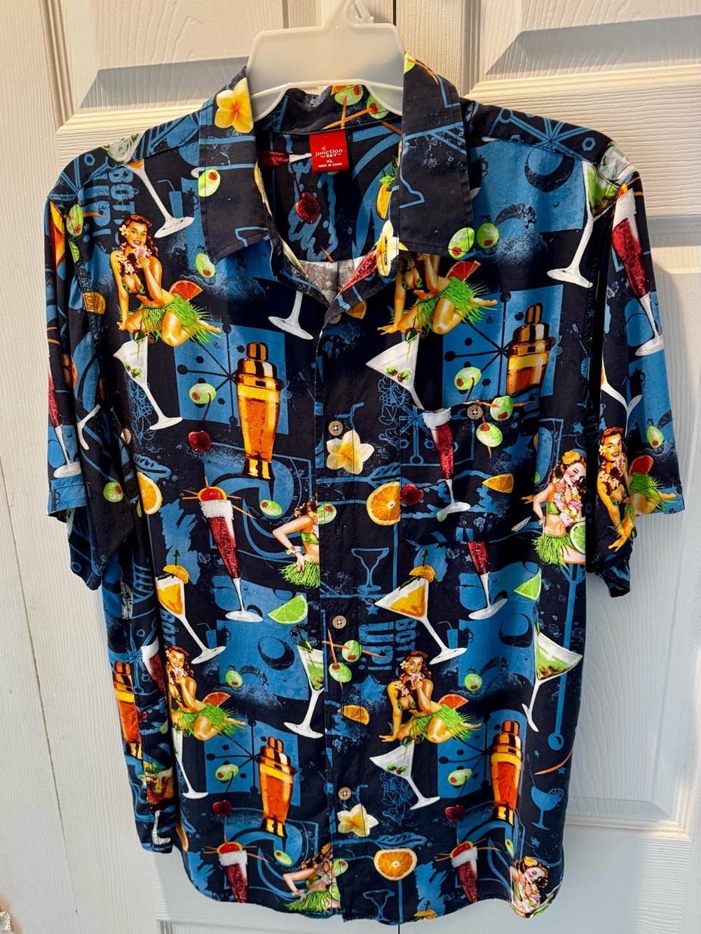 Tropical Cocktail Print Short Sleeve Button-Down Shirt - Blue